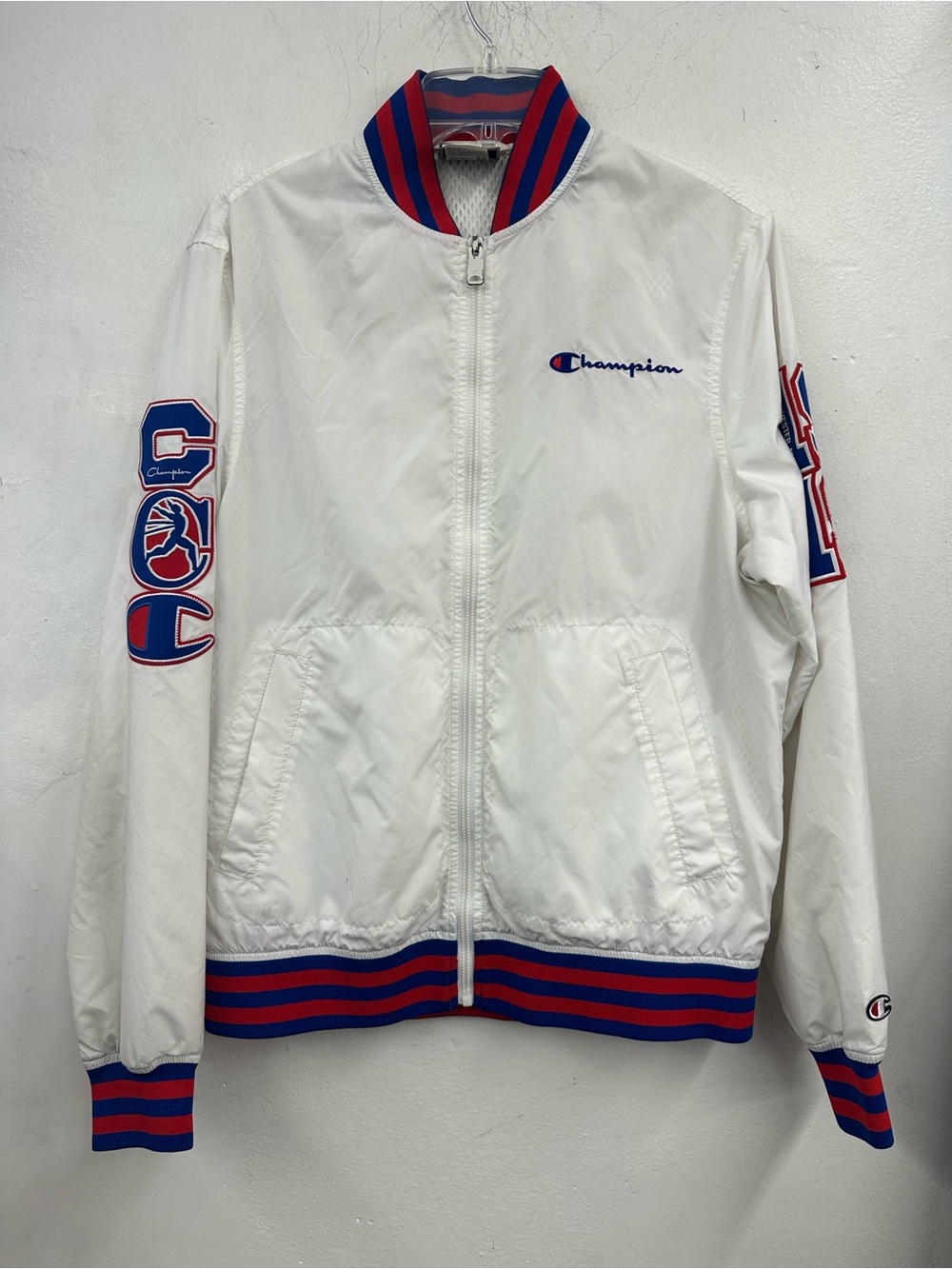 Champion White Bomber Rochester New York blue red stripe size medium men’s